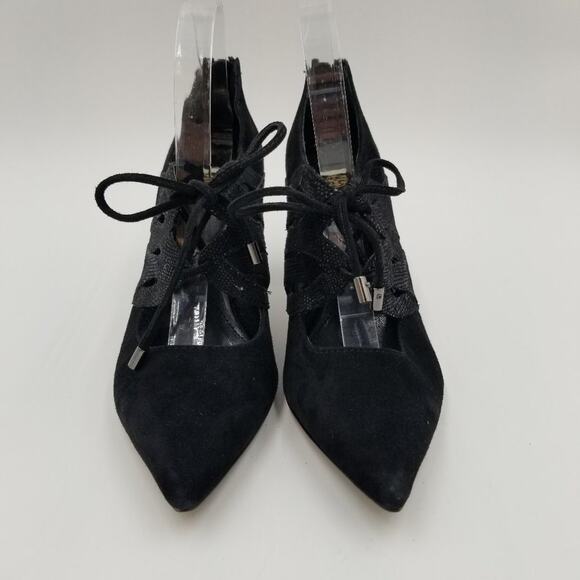 Isola Palazzo Heels Womens‎ 8.5 Black Suede Leather Lace up - Picture 4 of 11